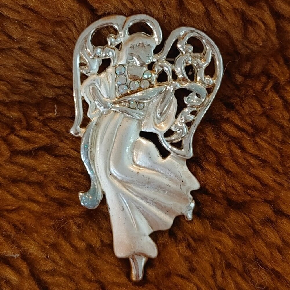 Vintage Angel Brooch Pin Silver Tone Rhinestones AAI
